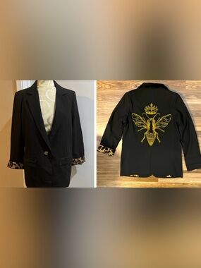 Swarovski Crystal Queen Bee Leopard Lined Black Studs Pockets Jacket S